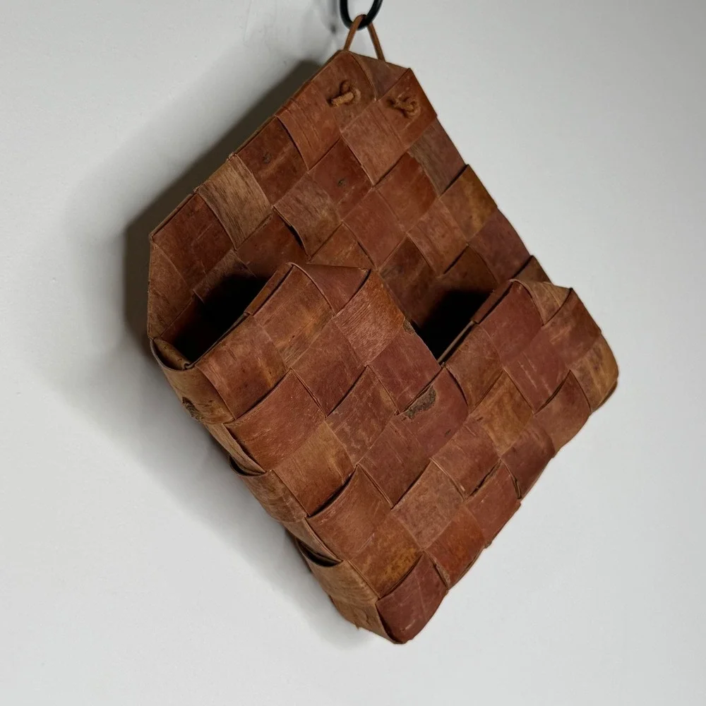 Scandinavian Woven Birch Bark Wall Basket Napkin Holder Cottagecore Cabin Rustic